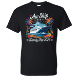 Black t-shirt with a cruise ship design and 'Aw Ship It's a Family Trip 2026' text on a white background