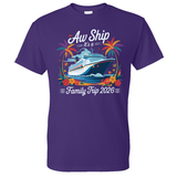 Purple t-shirt with a cruise ship design and 'Aw Ship It's a Family Trip 2026' text on a white background