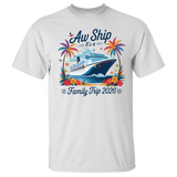 White t-shirt with a cruise ship graphic and text on a white background