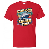 Red t-shirt with a cruise-themed graphic and text on a white background