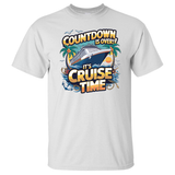 White t-shirt with 'Countdown is Over! It's Cruise Time' graphic design on a white background