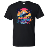 Black t-shirt with 'Family Cruise 2026' graphic design featuring a cruise ship and palm trees.