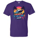 Purple t-shirt with 'Family Cruise 2026' design featuring a ship and palm trees on a white background.