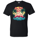 Black t-shirt with flamingo graphic and 'Our Flock Rocks' text on a white background
