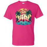 Pink t-shirt with flamingo and palm tree design on a white background