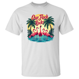 White t-shirt with flamingo design and 'Our Flock Rocks' text on a white background