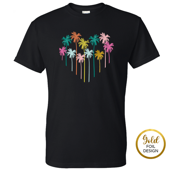 Colorful Palm Tree Heart w Metallic Gold Accent Tee
